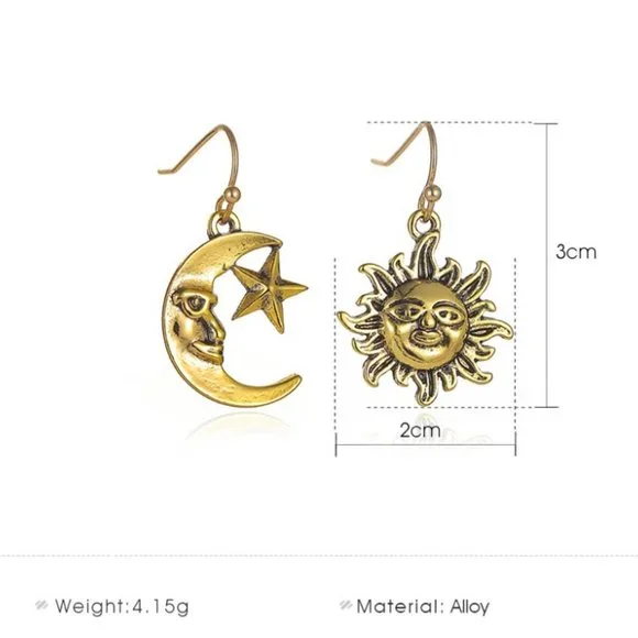 Antique Aged Silver Celestial Crescent Moon & Sun Face Boho Dangle Earrings NEW - Picture 7 of 8